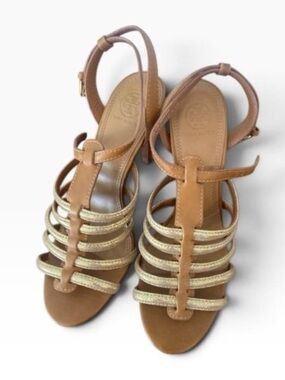Tory Burch Tan Leather Sandals with Gold Accents